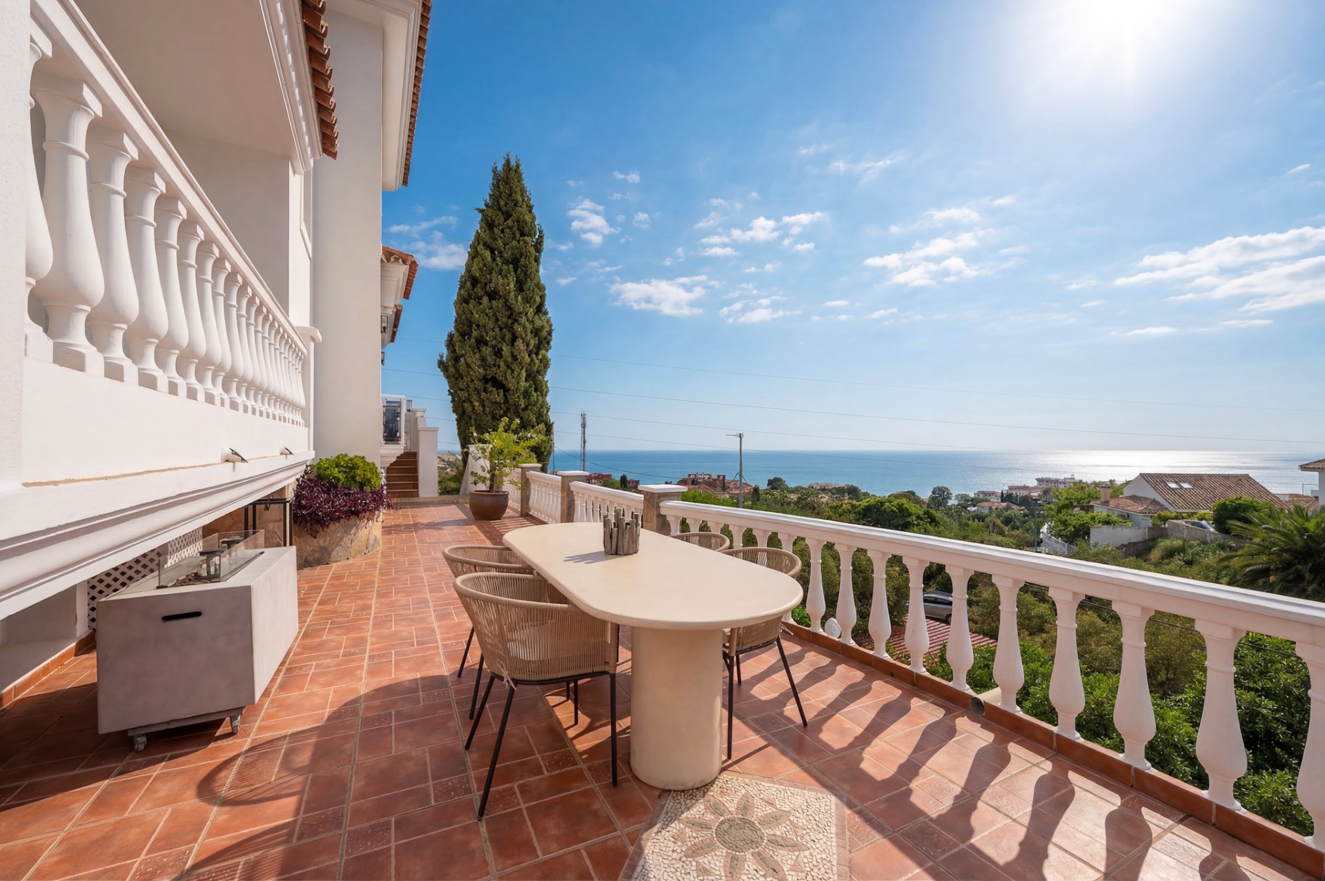 Terrace with sea view and bougainvillea
